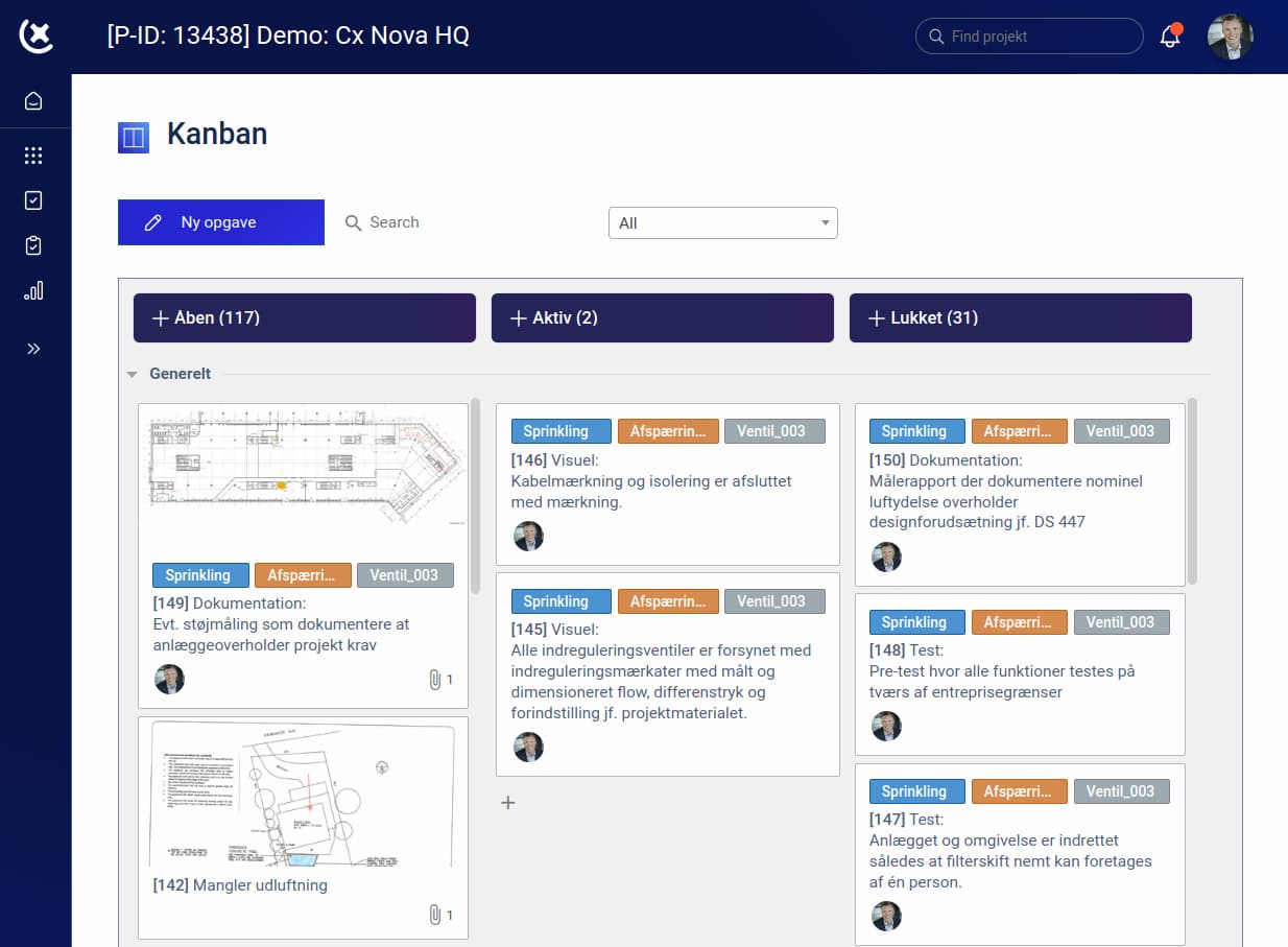 Eksempel på Commissioning loggen opsat i Kanban format